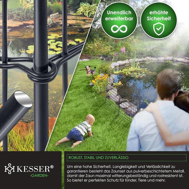 Detalle de KESSER Teichzaun Steckzaun Metall Komplettset (inkl. Handschuhe, Hammer & 6 Befestigungsstäben)