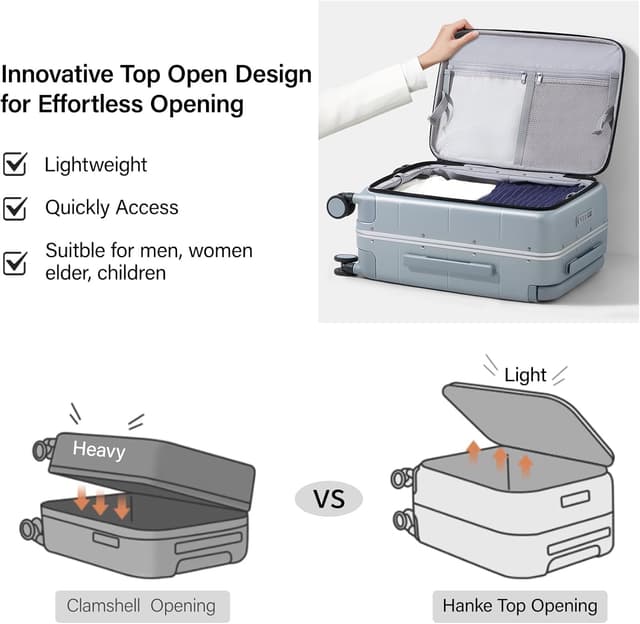 Detalle 2 de Hanke Top Opening Carry On Luggage (20 Inch, 40L) — All-PC Hard Shell with Spinner Wheels and TSA-Approved Locks (Grey)