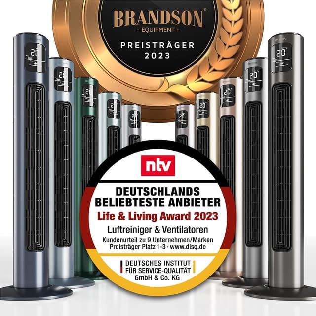 Detalle de Brandson Turmventilator mit Fernbedienung (96 cm) – leiser Stand-Lüfter mit Oszillation & Timer