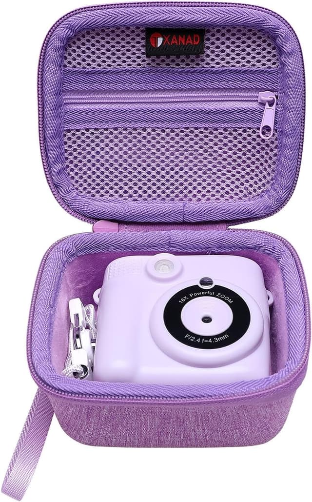 Detalle 2 de XANAD Kinderkamera Tasche für Sofortbildkamera – Schutzhülle mit Thermodruckpapier, Gurt und Hartschale (Lila)