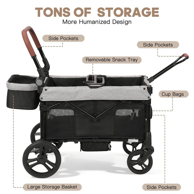 Detalle de ELEMARA All-Terrain Stroller Wagon for 2 Kids (Foldable, Mosquito Net, Adjustable Push/Pull Handle)