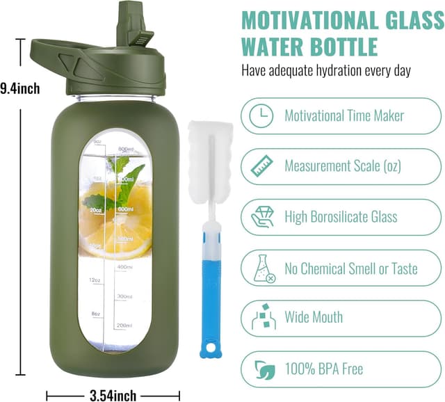Detalle 2 de CIVAGO 32 oz Glass Water Bottle with Straw, Handle & Time Markers (Leakproof) — Army Green