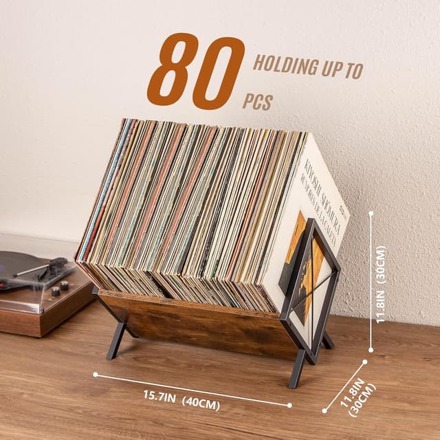 Detalle de PUERSI Vinyl Record Storage Rack (Brown) – 80 LP Record Holder with Adjustable Divider