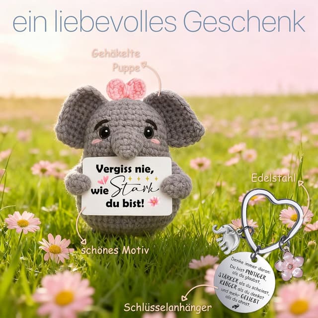 Detalle 2 de Farbeele Positive Elefant mit Glücksbringer Schlüsselanhänger – Mutmacher Geschenk zum Verschenken