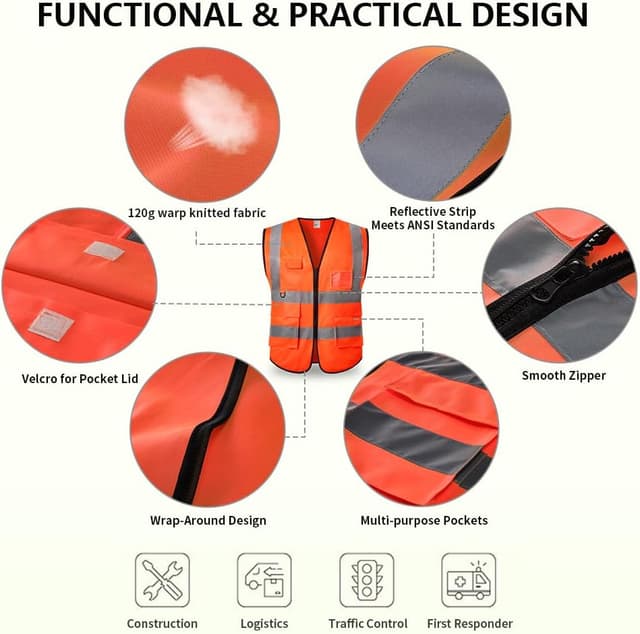 Detalle de Hi Vis Vests for Women & Men – Breathable Reflective Safety Vest with Pocket and Zipper (ANSI/ISEA Level 2)