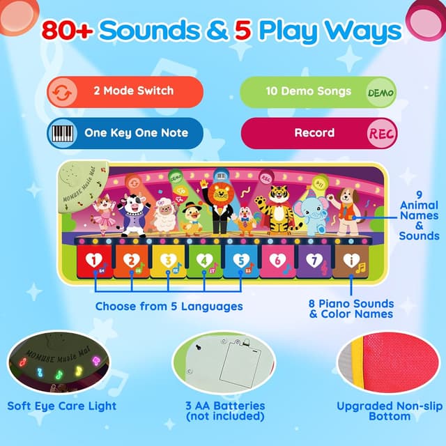 Detalle de MOMUSE 5-Language Piano Music Mat for toddlers (EN/DE/FR/IT/ES) with animal sounds and recording