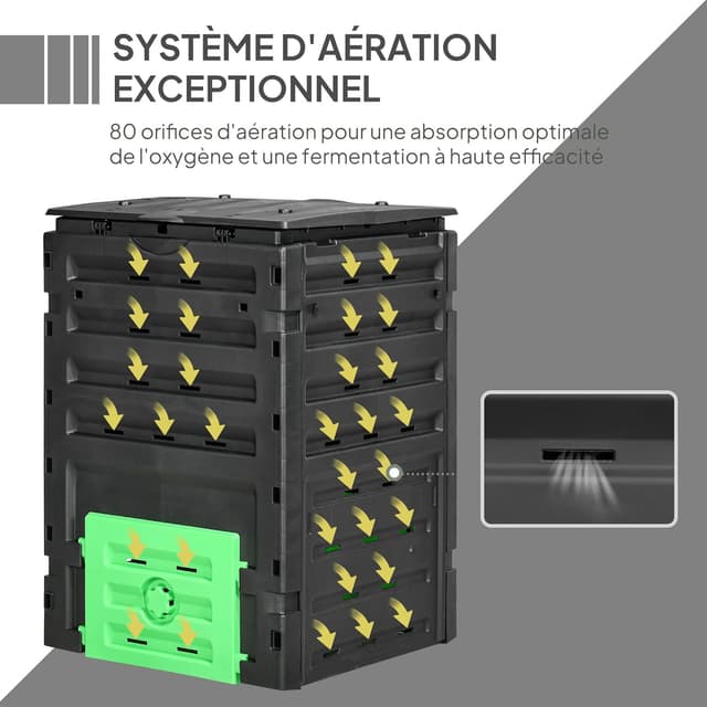 Detalle de Outsunny Composteur de jardin 450 L en polypropylène noir – 80 aérations et 2 portes coulissantes
