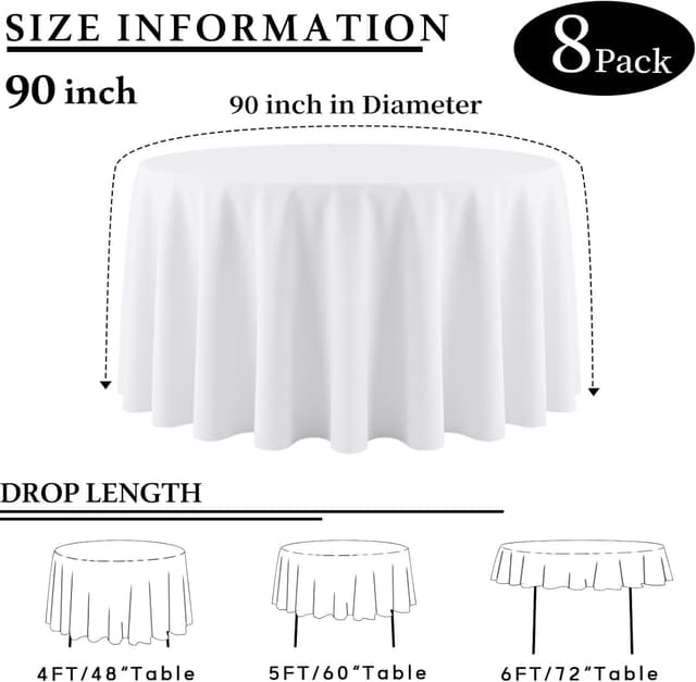 Detalle de CKIKU 8-Pack 90-Inch White Round Tablecloths (Washable Polyester)
