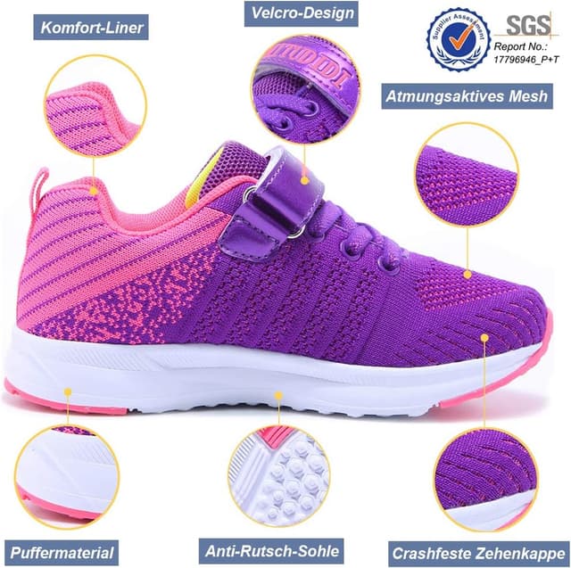 Detalle 2 de Mitudidi Kinder-Sneaker in Lila (EU 31) – leichte, atmungsaktive Sportschuhe für Schule, Halle & draußen