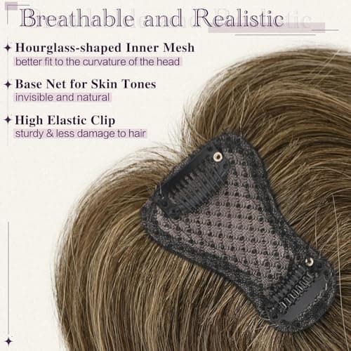 Detalle de RUWISS topper de cabello humano mujer con clips, sin flequillo, castaño con reflejos rubios