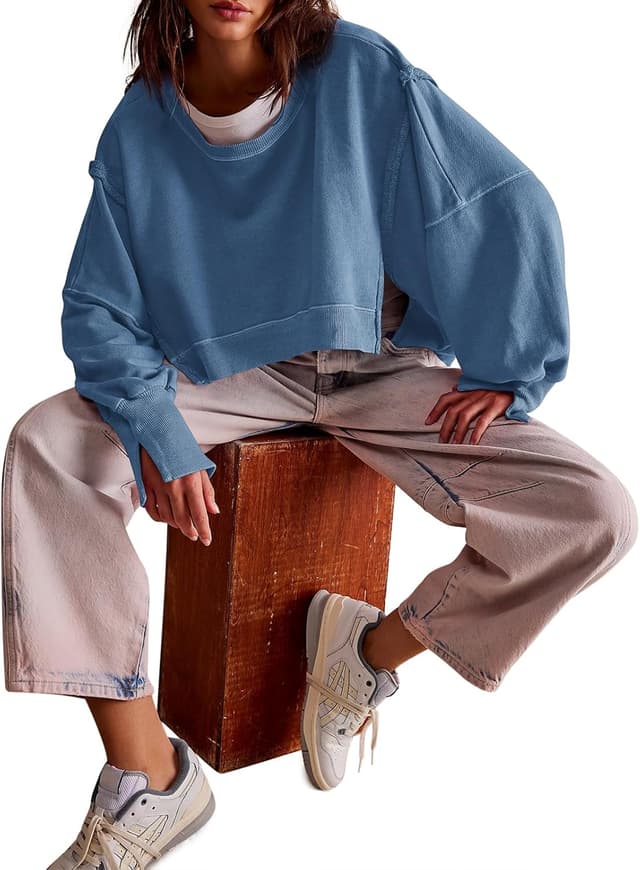 Detalle de Zwurew Womens Casual Crewneck Sweatshirt — Side Slit Crop Pullover