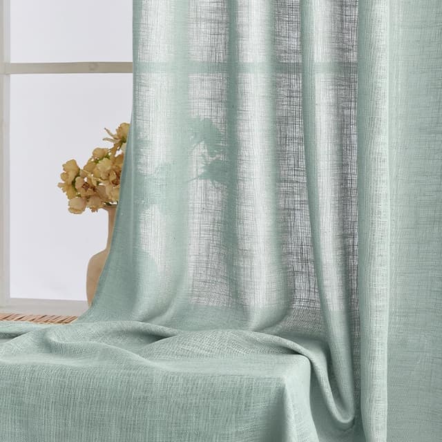 Detalle de EMEMA Leinenvorhang mit Kräuselband (Voile/Leinenoptik), halbtransparent, türkis – 140 x 215 cm, 2er-Set