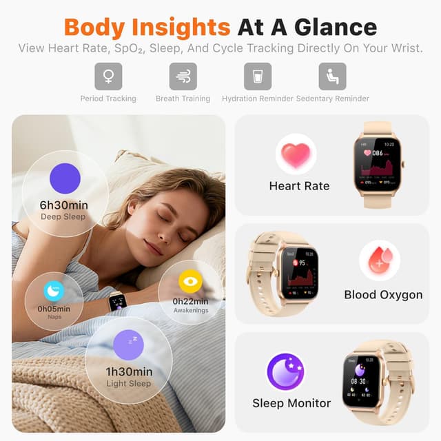 Detalle 2 de Kriutefy smart watch for women & men with call answering, HD display and fitness tracking (Champagne Gold, 2 straps)