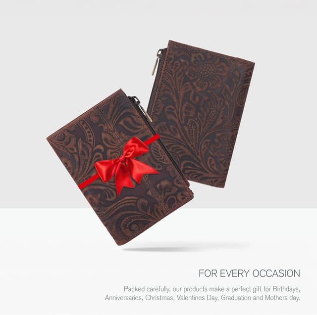 Detalle de Oak Leathers RFID Wallet for Women in Full Grain Leather (Crazy Horse Brown Flower) – Small Bifold Coin Purse