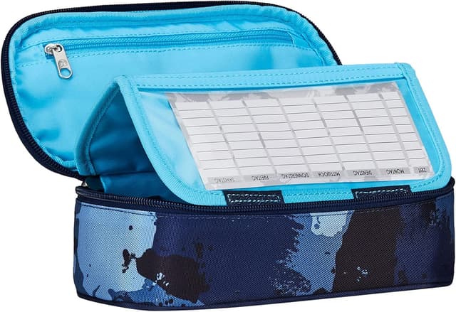 Detalle 2 de Seven Inky Shadow Stifteköcher für die Schule – rund, blau, mit Innentasche und elastischen Stifthaltern