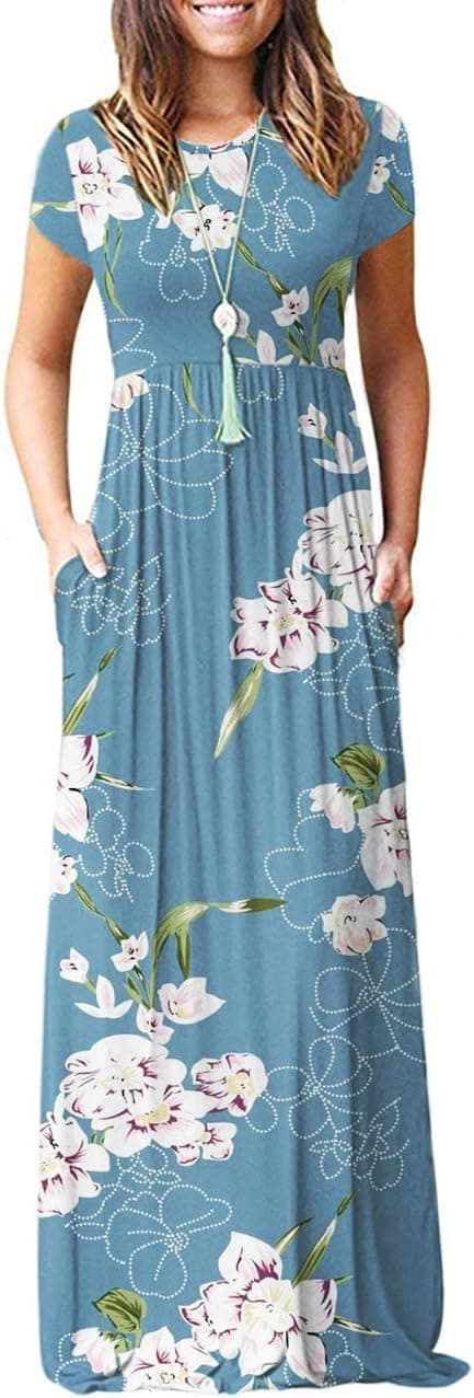 Detalle de AUSELILY Damen Sommerkleid Kurzarm Long Maxi mit Taschen – casual bis Arbeit