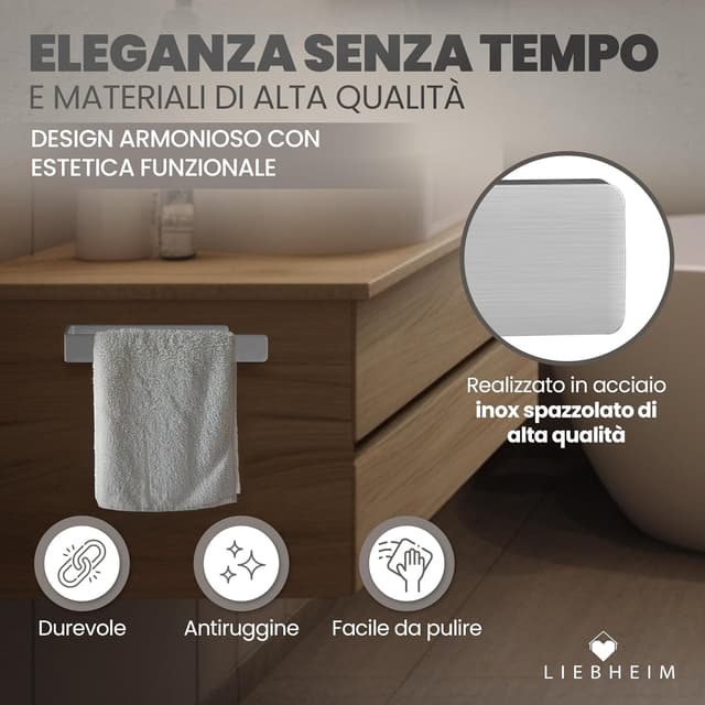 Detalle de Barra portasciugamani in acciaio inox da incollare LIEBHEIM senza forare (nastro adesivo extra large, 22 cm)