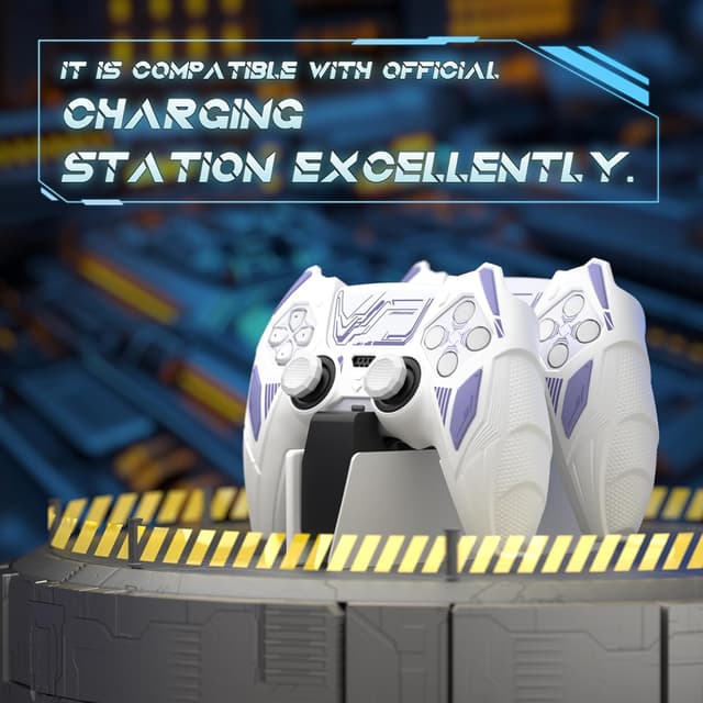 Detalle de PlayVital Mecha Rhino Silicone Cover for PS5 Controller (White & Light Violet) with Thumb Grips & Stickers