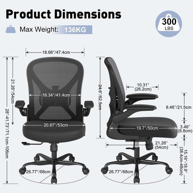 Thumbnail 1 de ZZH Ergonomic Mesh Office Chair with Adjustable Lumbar Support & Flip-up Arms (Black)