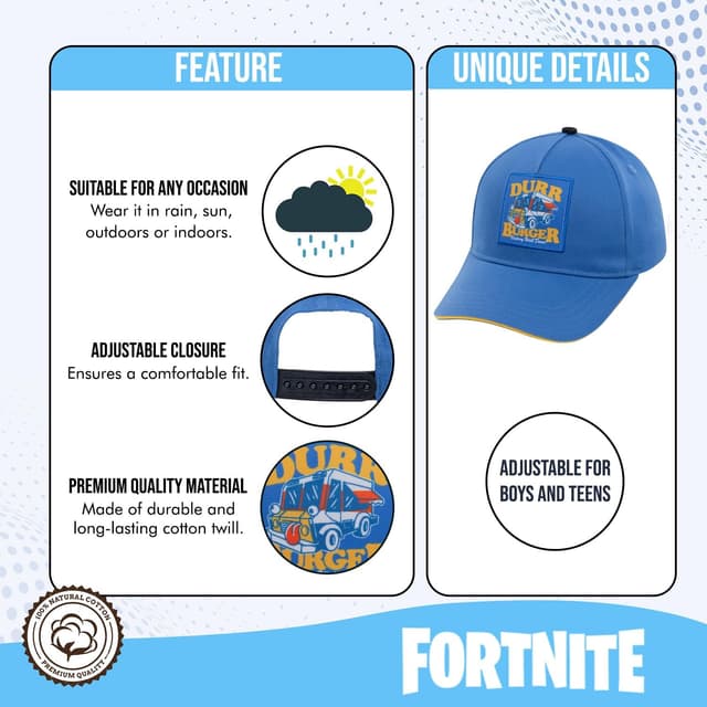 Detalle 2 de Fortnite Baseball Cap for Boys (Flatbrim Fitted Cap, Adjustable Fit) — Cotton Hat With Sleek Design