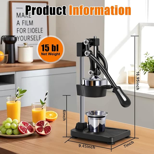 Detalle 2 de ASIALEO Manual Cast Iron Citrus Juicer (Black) – Heavy-Duty Countertop Hand Press for Oranges, Lemons & Limes