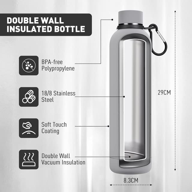 Detalle de Exllena 1L Insulated Water Bottle with Clip (Grey) – Double-Wall Vacuum for Cold up to 24 Hours