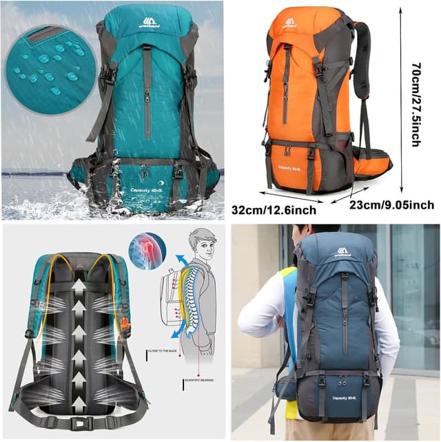 Detalle de Ezmina 70L Hiking Backpack with Rain Cover – Lightweight trekking rucksack for large day trips