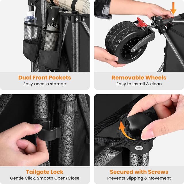 Thumbnail 5 de YEAUPE PRO faltbarer Bollerwagen mit Feststellbremse, All-Terrain 6-Zoll-Räder und klappbarer Heckklappe (150–240 L) – Schwarz