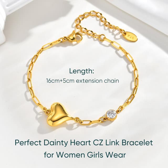 Detalle 2 de Gamtic Herz-Armband für Damen aus Edelstahl mit Zirkonia, 14K vergoldet (verstellbar)