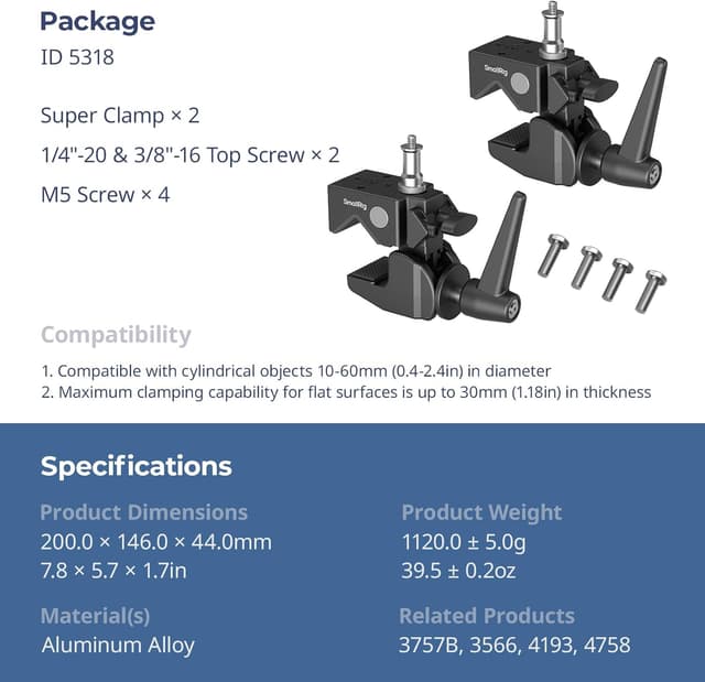 Thumbnail 6 de SMALLRIG Kit de pinces haute performance (lot de 2) avec filetage 1/4"-20 et 3/8"-16, capacité jusqu’à 15 kg
