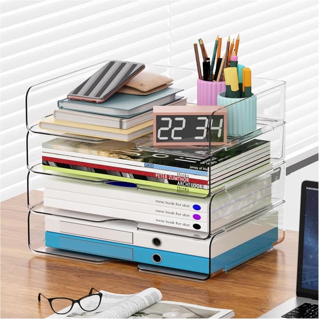 Detalle 2 de StowBin 2 Stück Acryl Briefablage für A4, transparent, stapelbar (Briefablage mit Ablagefächern)