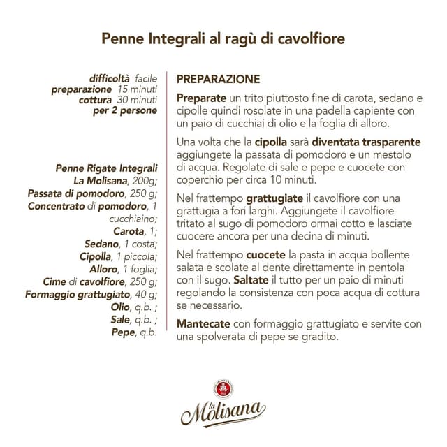 Detalle 2 de La Molisana N°20 Penne Régate Integrale Pâte (500 g) – Set mit 6 Packungen