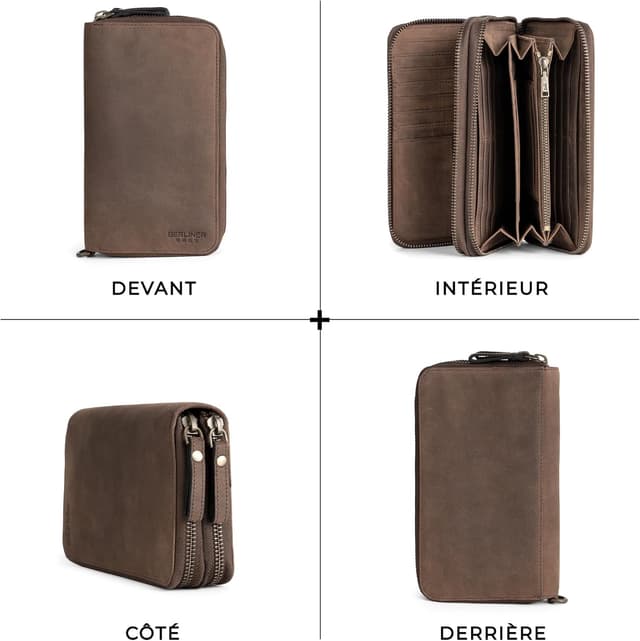 Detalle de Berliner Bags Dallas Grand Portefeuille en cuir véritable avec protection RFID – marron
