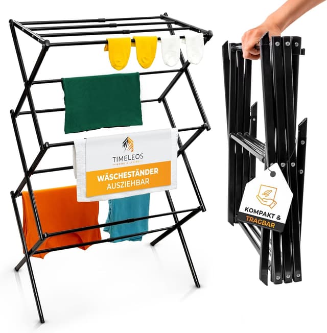 Detalle de TIMELEOS Wäscheständer klein klappbar (6 Ebenen, 11 Stangen) für Badewanne, Balkon, Tür & Dusche