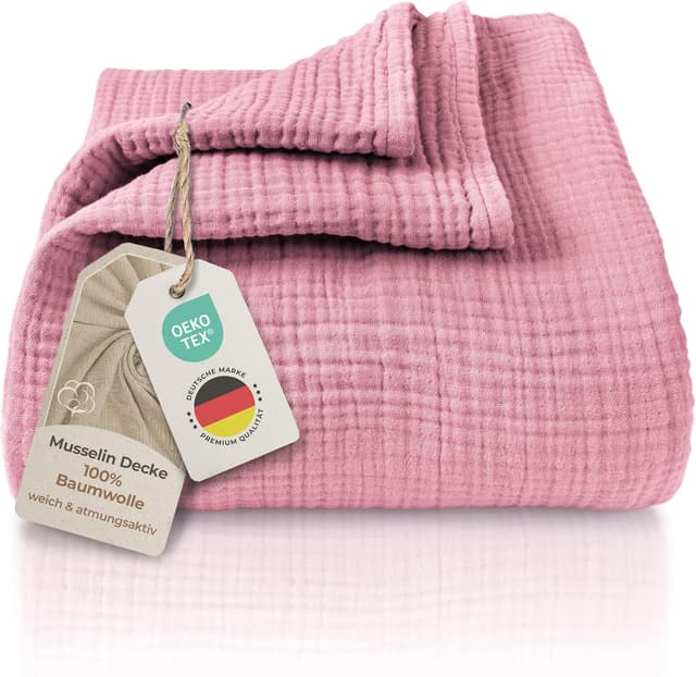 Detalle de LAYNENBURG Premium Musselin Tagesdecke 150x200 cm (100% Baumwolle) – extraweiche Sommerdecke in Altrosa
