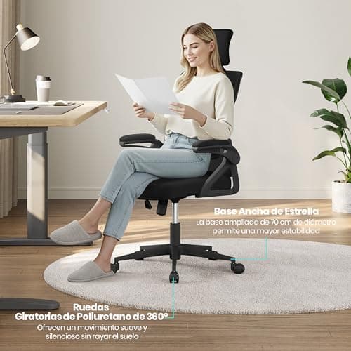 Detalle de Yaheetech silla de oficina ergonómica con soporte lumbar ajustable, reposacabezas y base giratoria de 70 cm (negro)