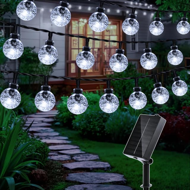 Detalle de Ollny Solar Outdoor Garden Fairy Lights (12m, 100 LED, Cool White crystal ball) – IP65/IP44 globe string lights