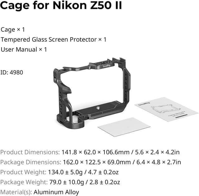 Thumbnail 6 de SMALLRIG Z50 II Cage pour Nikon Z50 II (4980) : cage aluminium, fixation 1/4"-20 et plaque Arca-Swiss