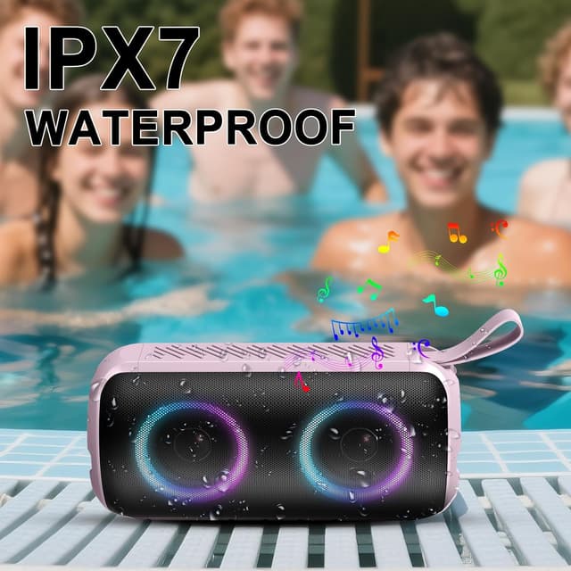 Detalle de Hupoaf portable Bluetooth speaker with Bluetooth 5.3, IPX7 waterproofing, 12-hour playback and RGB lights