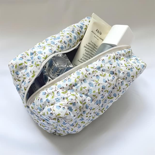 Detalle 2 de Trousse de maquillage matelassée Aucuu, grande capacité en coton avec motif floral