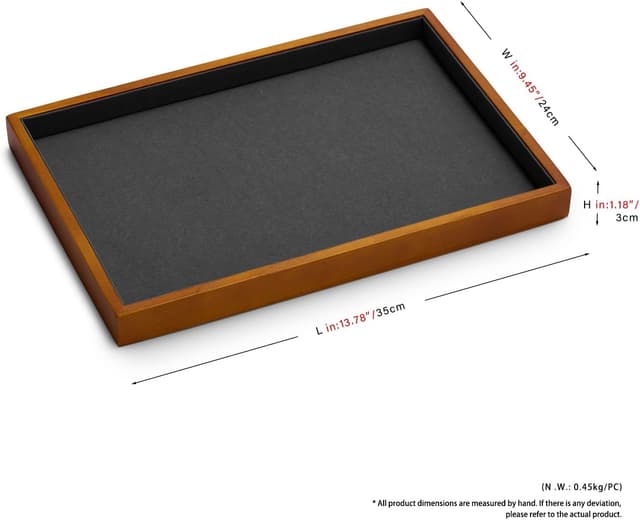 Detalle de Plateau à bijoux en bois massif Oirlv avec microfibre, empilable et tiroir (35 × 24 × 3 cm) – Gris