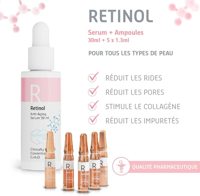 Detalle de Coffret sérum au rétinol Visage Femme Elemental Care (1 sérum + 5 ampoules) – soin anti-âge et sébum