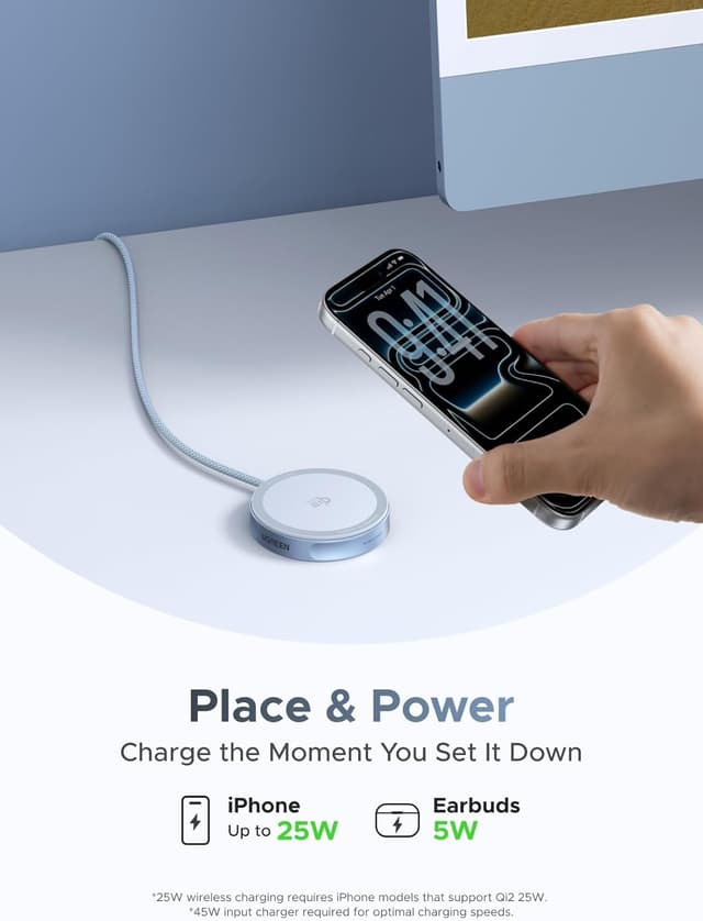 Detalle de UGREEN 25W Qi2 Magflow MagSafe-Compatible Wireless Charger Pad (Magnetic fast charging)