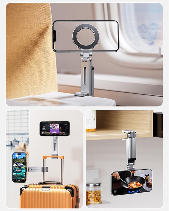 Detalle 2 de MagSefa Magnetic Phone Tripod Stand with N52 Magnet (Silver) – universal clip mount, 360° adjustable