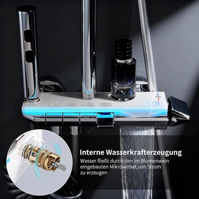 Detalle de HOMELODY Duscharmatur Komplettset mit Regendusche, Glasablage und Klaviertasten (4 Strahlarten)