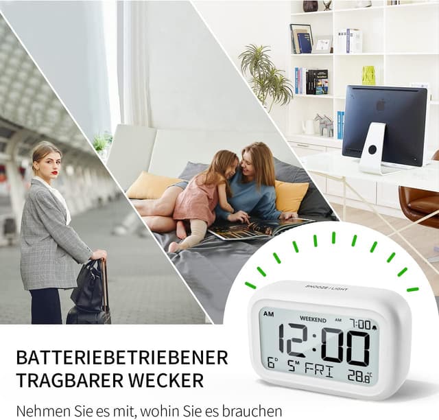 Detalle 2 de DOOMAY Digital Wecker für Nachttisch – batteriebetriebene LCD-Uhr mit einstellbarer Alarmlautstärke, Snooze & Wochenendmodus
