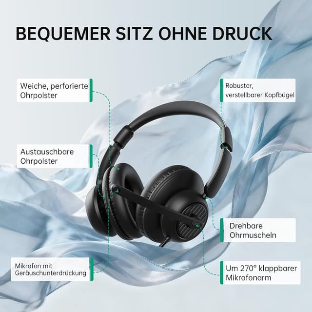 Detalle de EKSA H8 PC Headset mit Mikrofon – Stereo-USB-Headset für Laptop, Büro & Callcenter