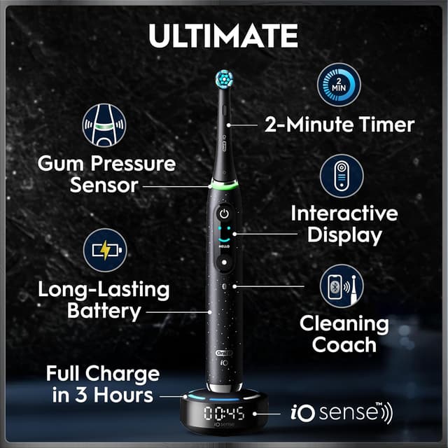Detalle de Oral-B iO10 electric toothbrush (Cosmic Black) with 7 modes, iO Sense guidance and charging travel case