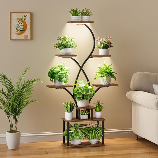 Detalle 2 de BACEKOLL scaffale per piante con luci di crescita, 8 livelli (158 cm) in metallo e legno, nero