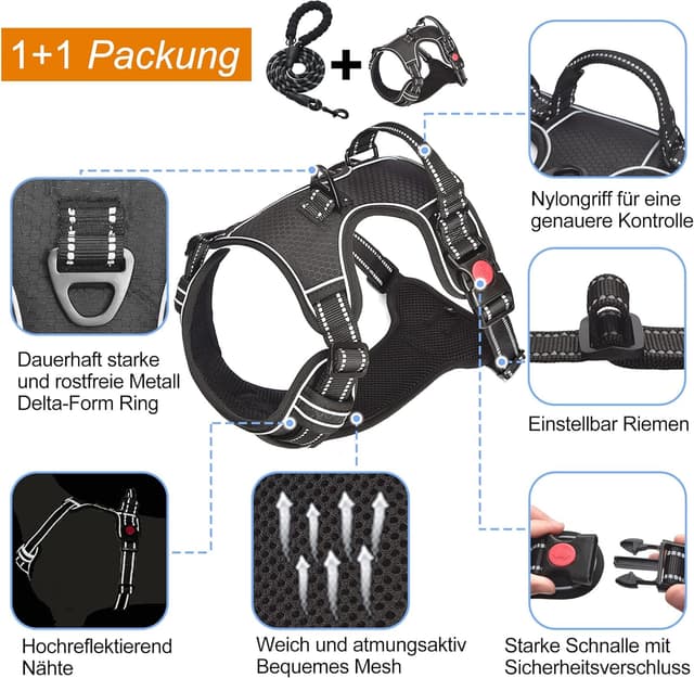 Detalle de haapaw Hundegeschirr ohne Zug, verstellbar & reflektierend (Oxford) inkl. Leine – für mittelgroße Hunde